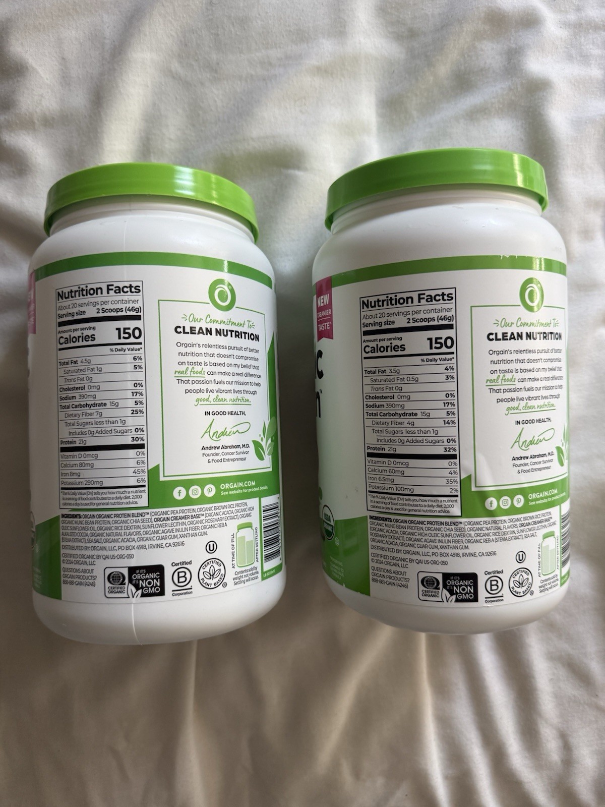 2X Orgain Organic Protein Creamy chocolate And Vanilla powder 2.03lbs Each