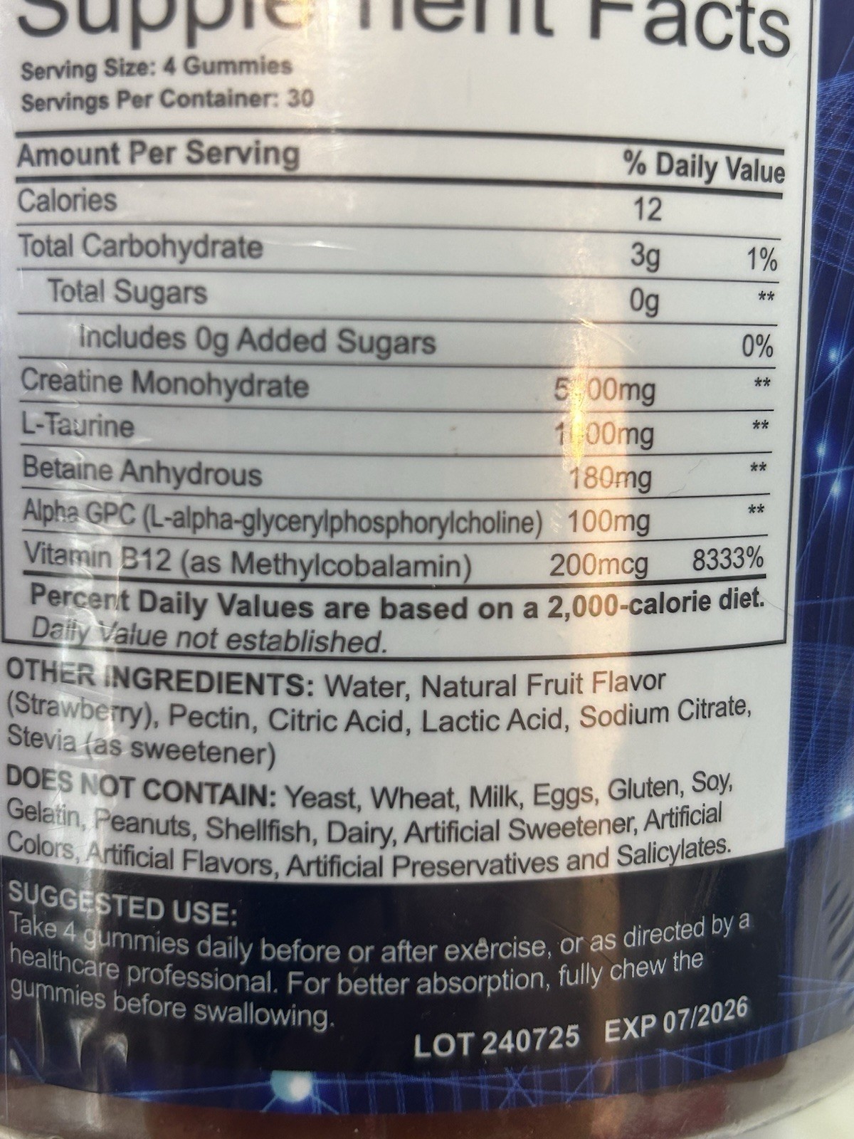 DLNIA Creatine Monohydrate Gummies 5000 MG 120 Ct Strawberry Exp 7/2026 Sealed