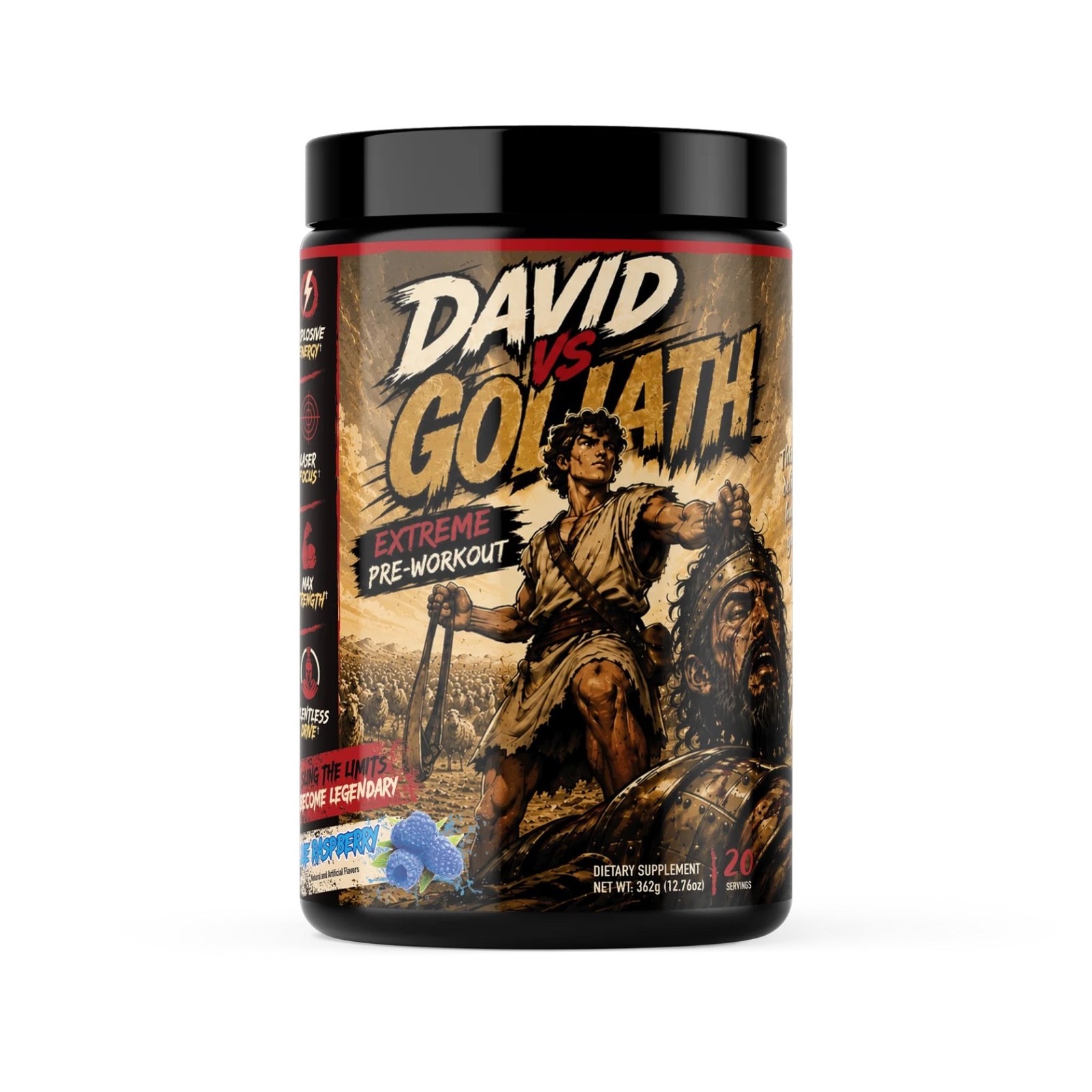David VS Goliath Extreme High Stim Pre-Workout Free pocket Bible with Purchase.