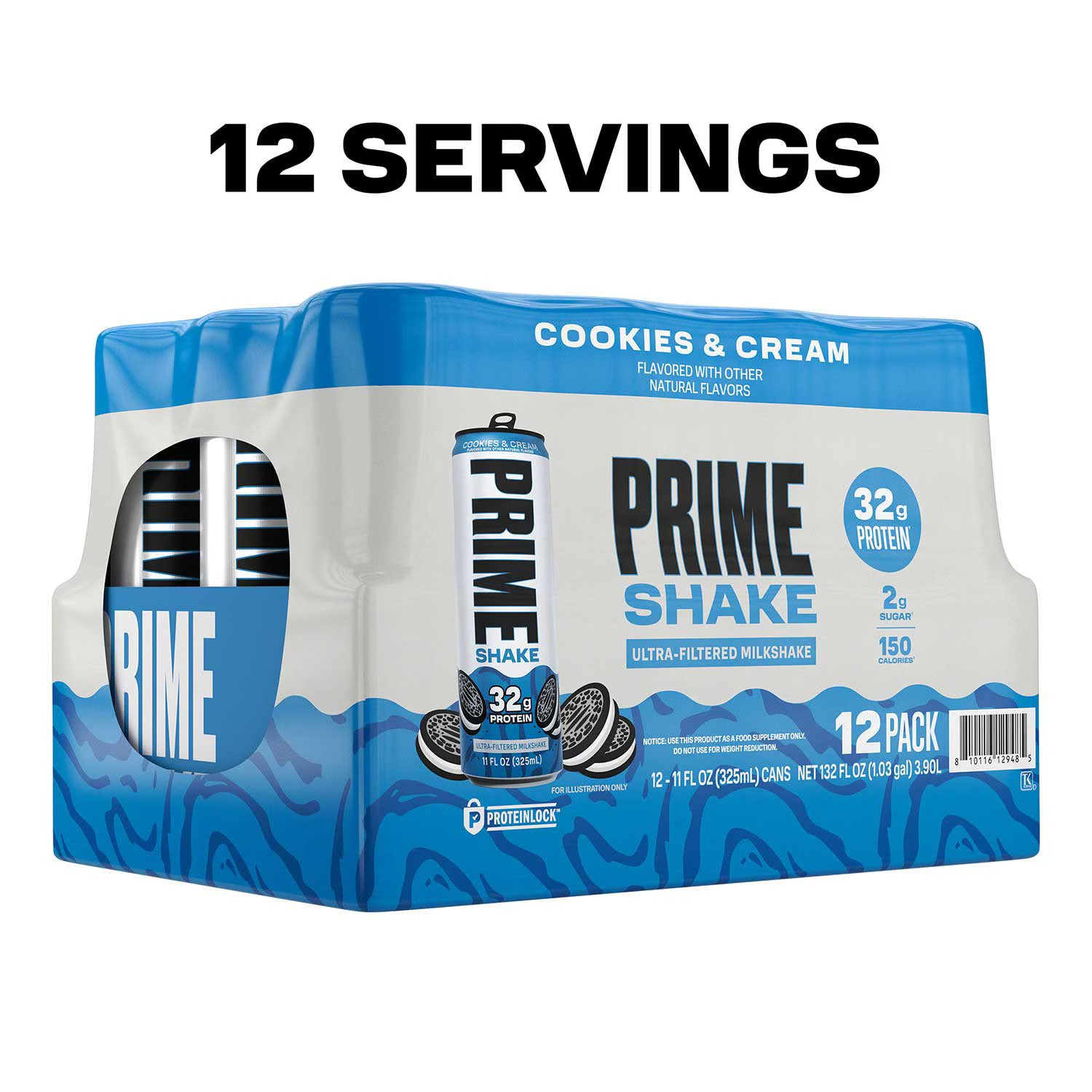 PRIME Shakes, Cookies & Cream, 32g Protein Shake for 11 Fl Oz (Pack of 12)