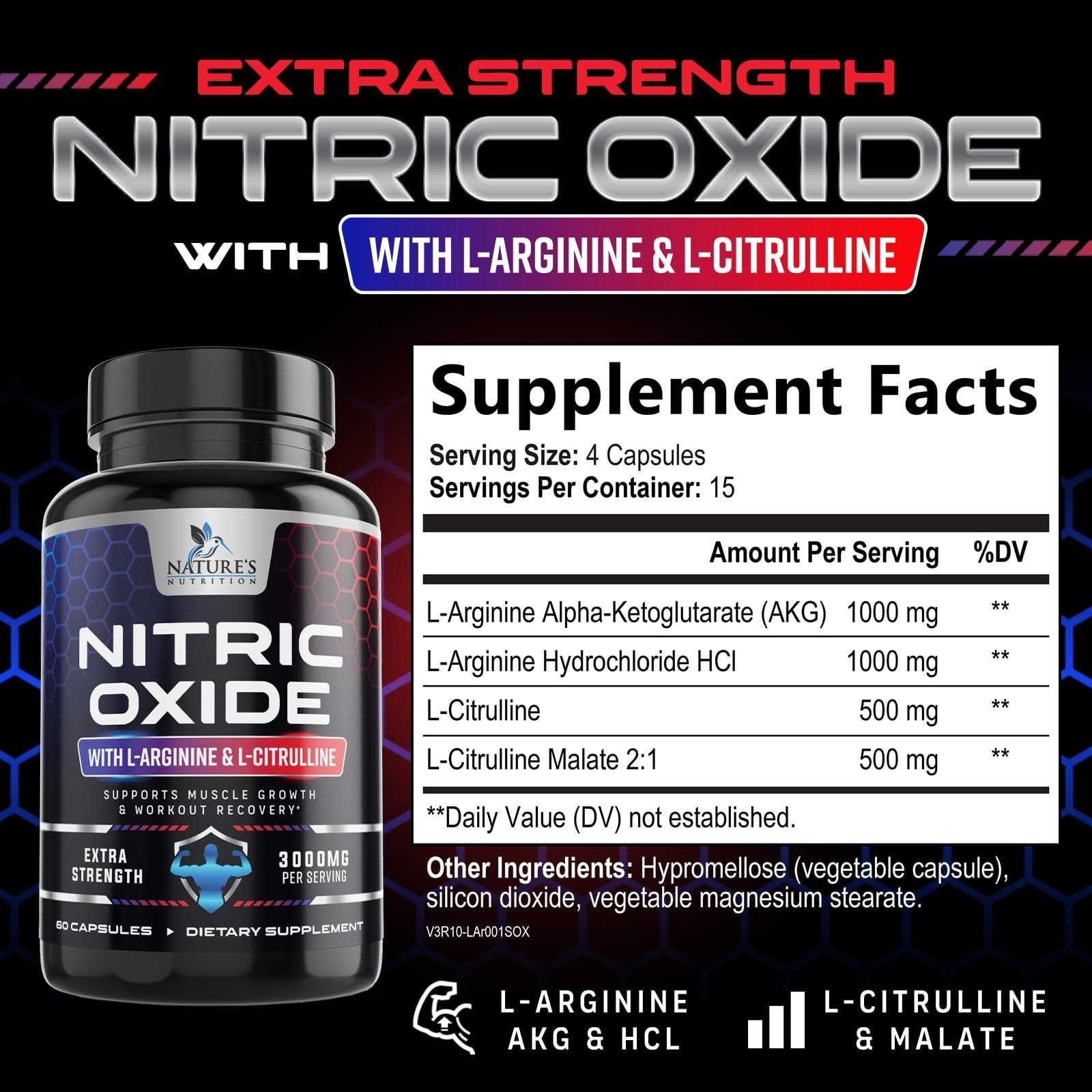 Nitric Oxide Booster Extra Strength – L-Arginine & Citrulline – 60 Capsules