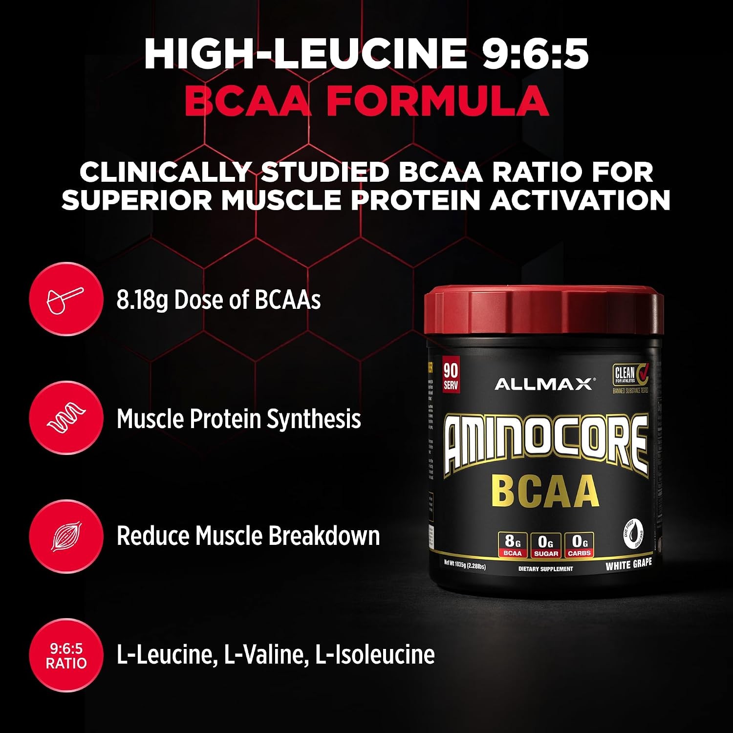 ALLMAX AMINOCORE BCAA Powder, White Grape, 90 Servings, 1035 g