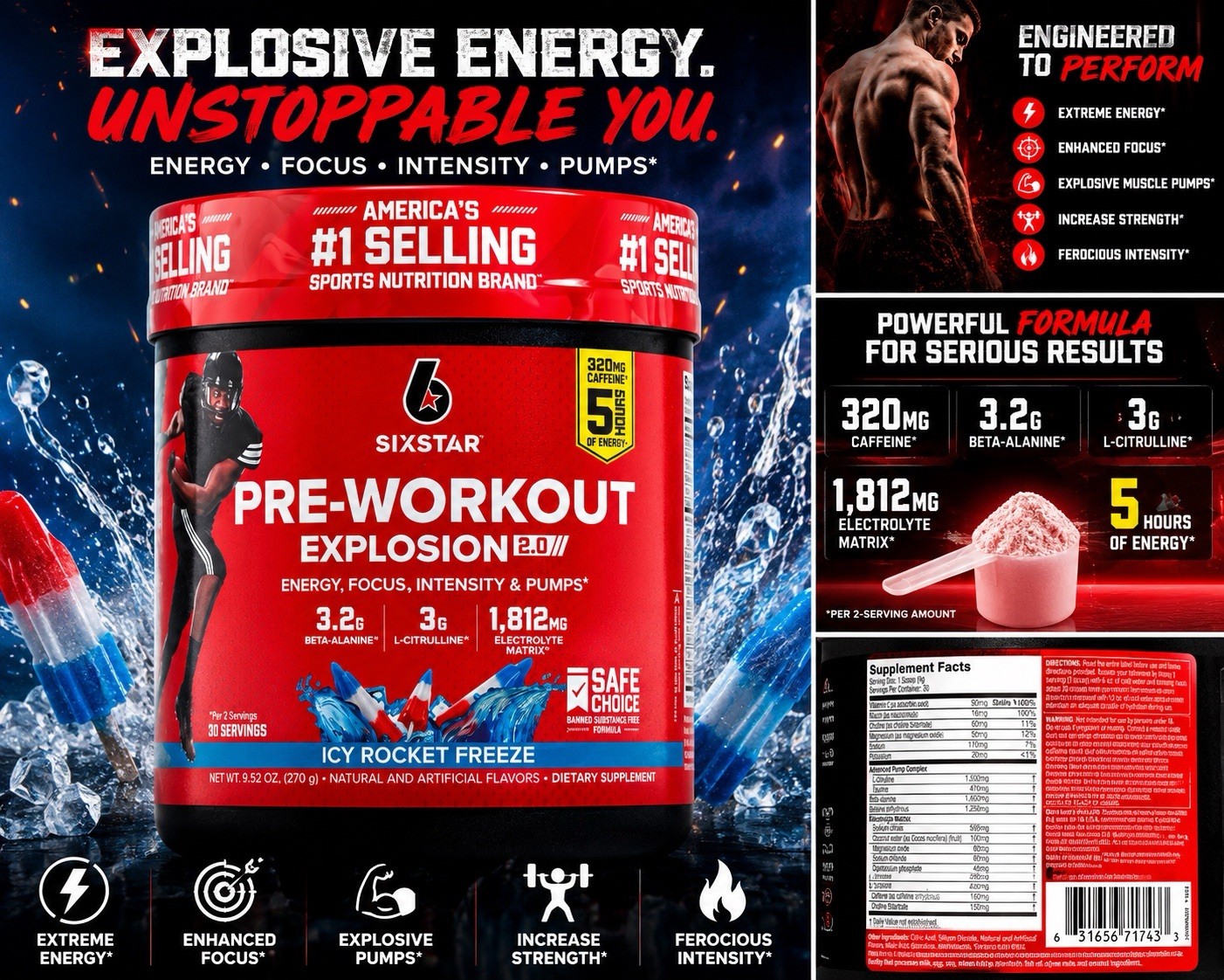 Six Star Pre-Workout Explosion, Icy Rocket Freeze, 9.52 Oz., Exp. 3/27