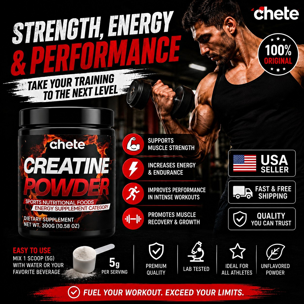 chete Creatine Monohydrate Powder 300g 5g/Serving Unflavored