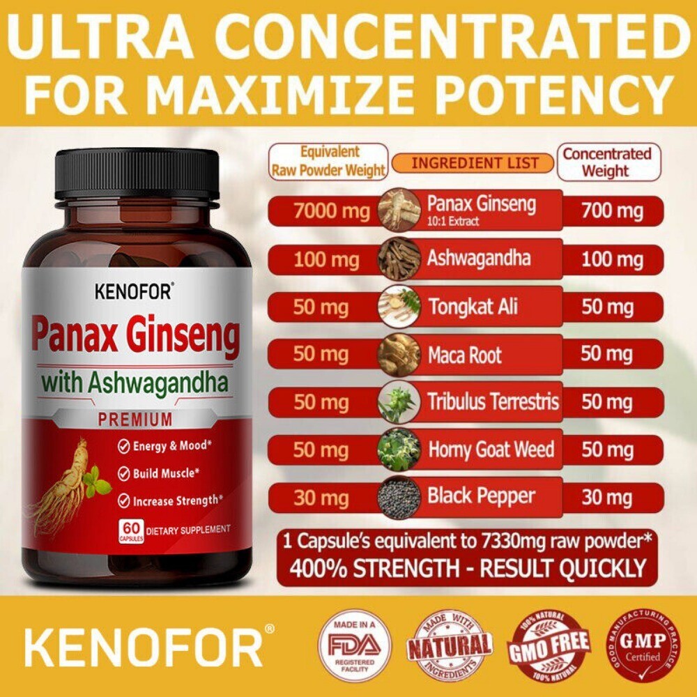 Panax Ginseng with Ashwagandha, Male Muscle Strength Mood Supplement, 60 Caps