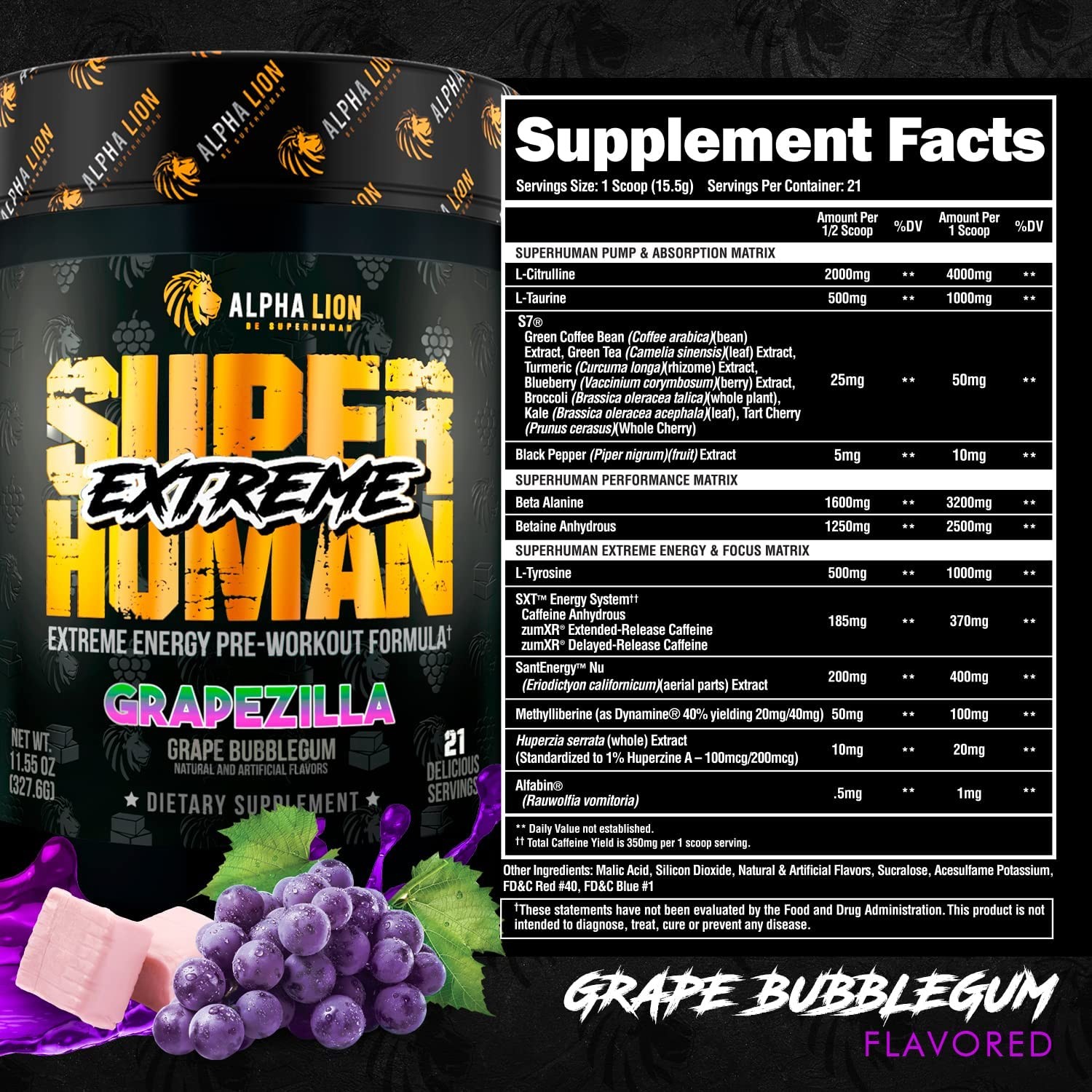 Alpha Lion Superhuman Extreme Pre-Workout Intense, Grapezilla (21 Servings)