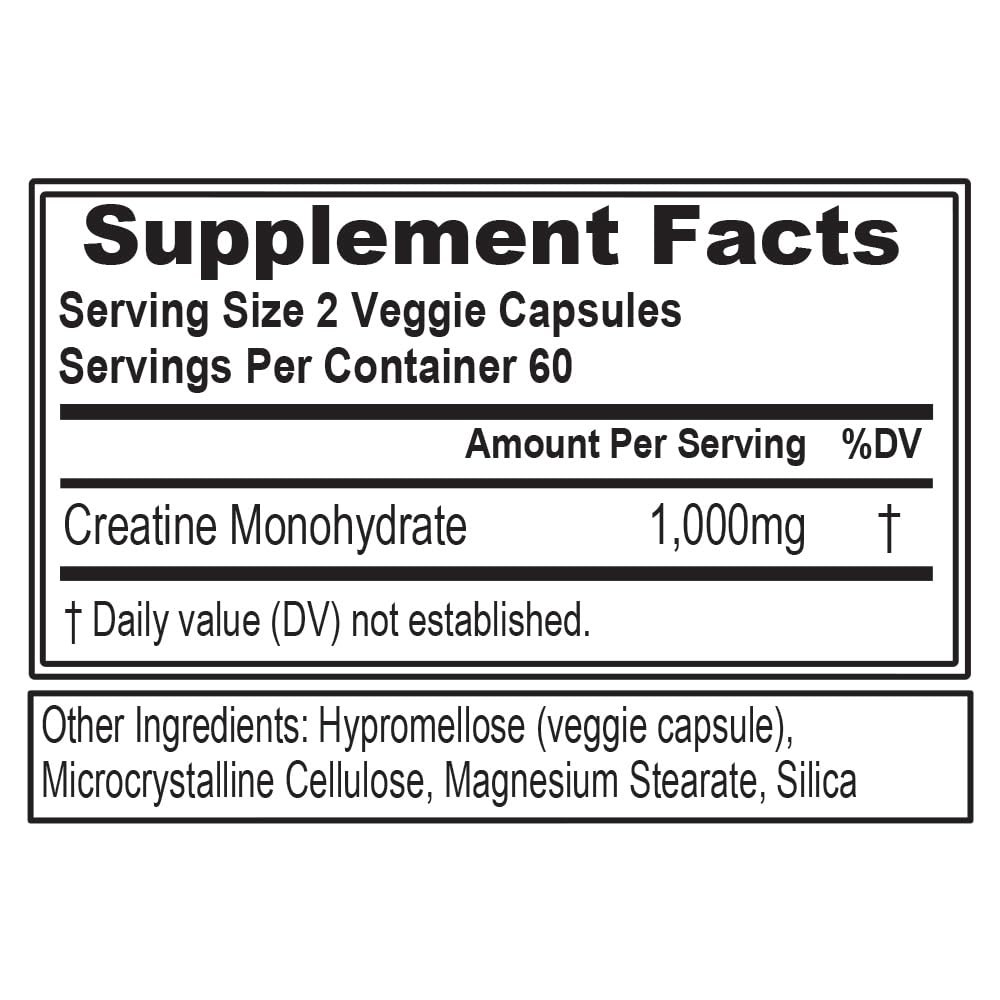 Creatine Monohydrate 1000mg Capsules for Muscle Recovery and Endurance 120 Count