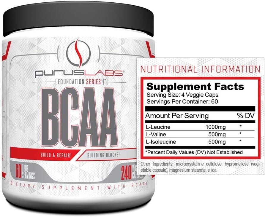 BCAA Capsules by Purus Labs – 2:1:1 Leucine, Valine, Isoleucine – 240 Capsules