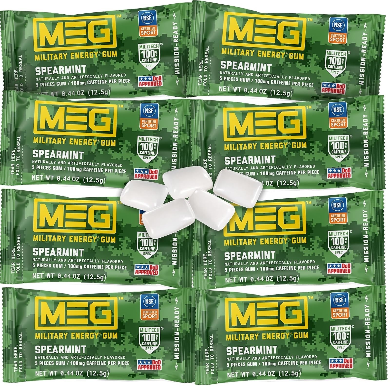 MEG Military Energy Gum – Spearmint | 100mg Caffeine – 20 Count