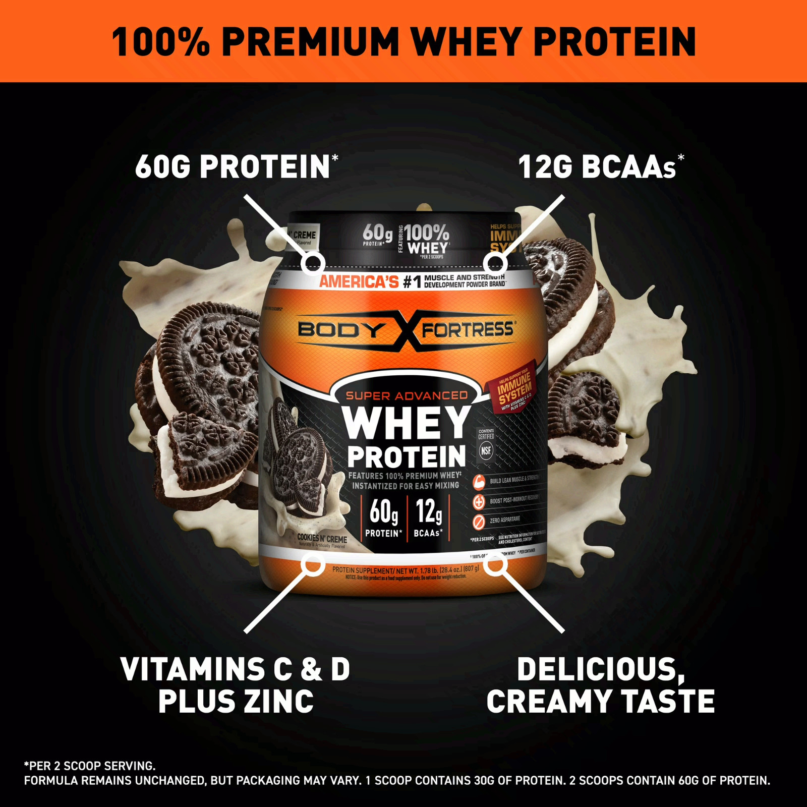 Body Fortress Super Advanced 100% Premium Whey Protein Powder, Cookies N’ Creme