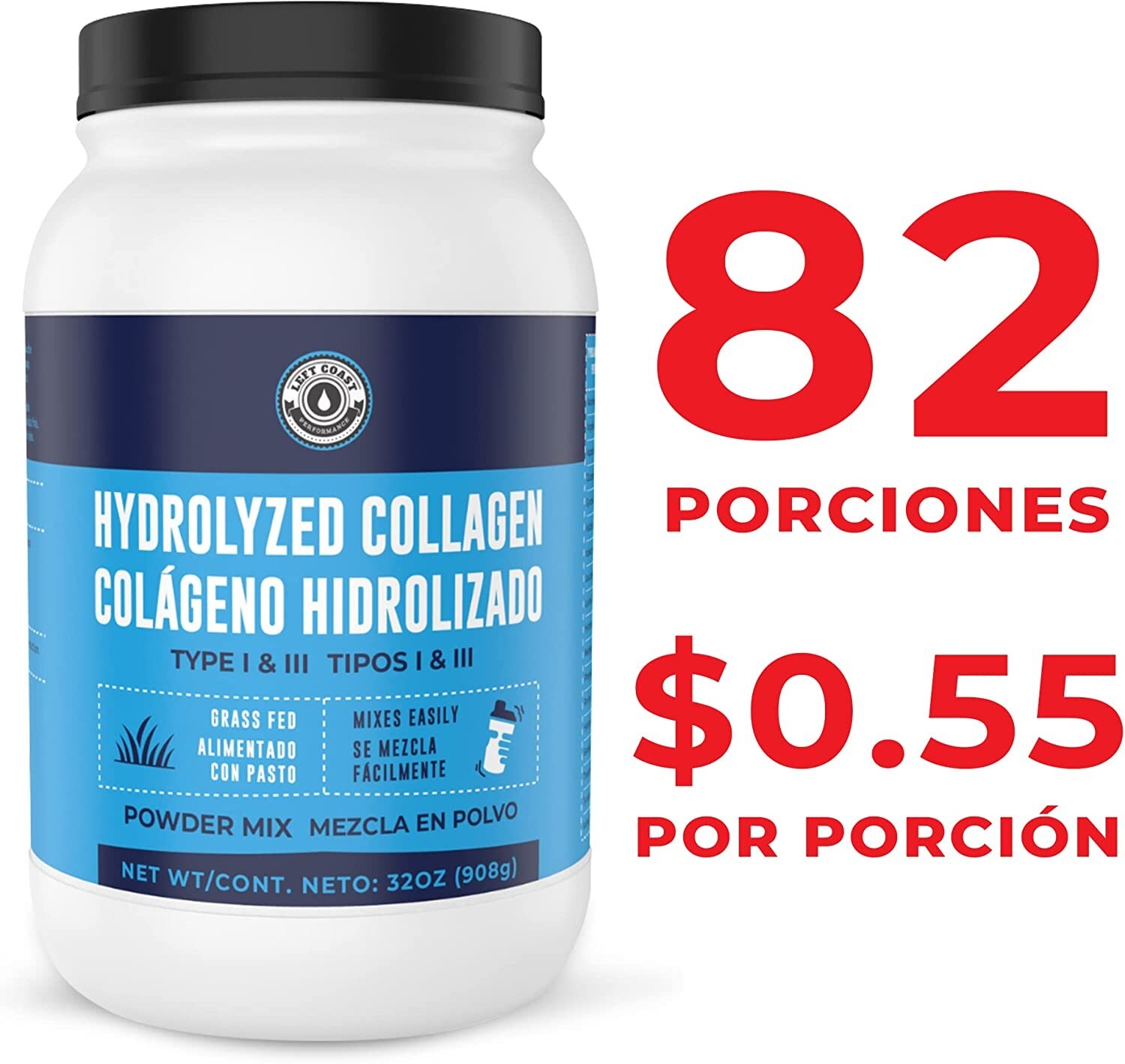 Left Coast Protein Powder | Hydrolyzed Collagen Peptides, Unflavored, 32 oz