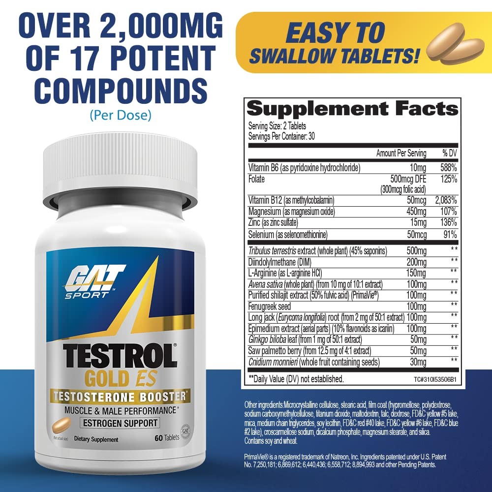 GAT SPORT Testrol Gold ES, Test Booster for Men, 60 Count (Pack of 1),