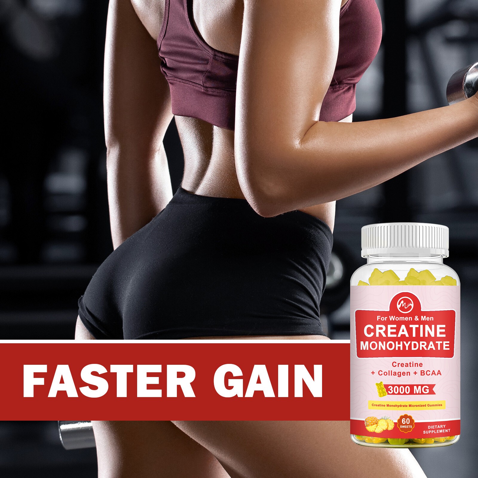 Creatine Monohydrate Gummies – 60Gummies -3000mg – Muscle Strength and Energy