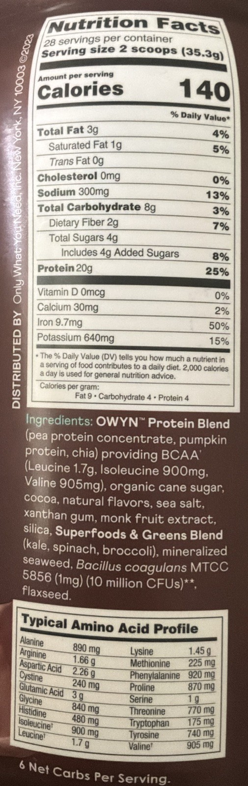 OWYN Only What You Need Chocolate Protein 2.2 Lb Plant Based Greens Vegan Nongmo