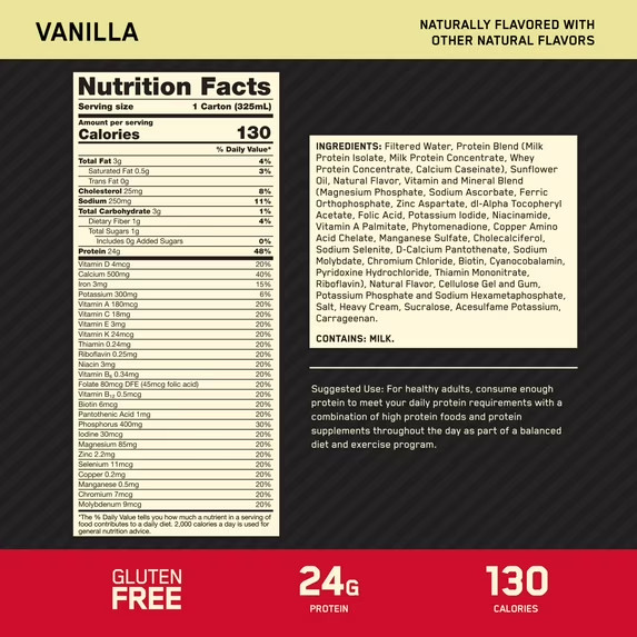 Optimum Nutrition Gold Standard Protein Shake, Vanilla, 24g Protein, Ready to Dr