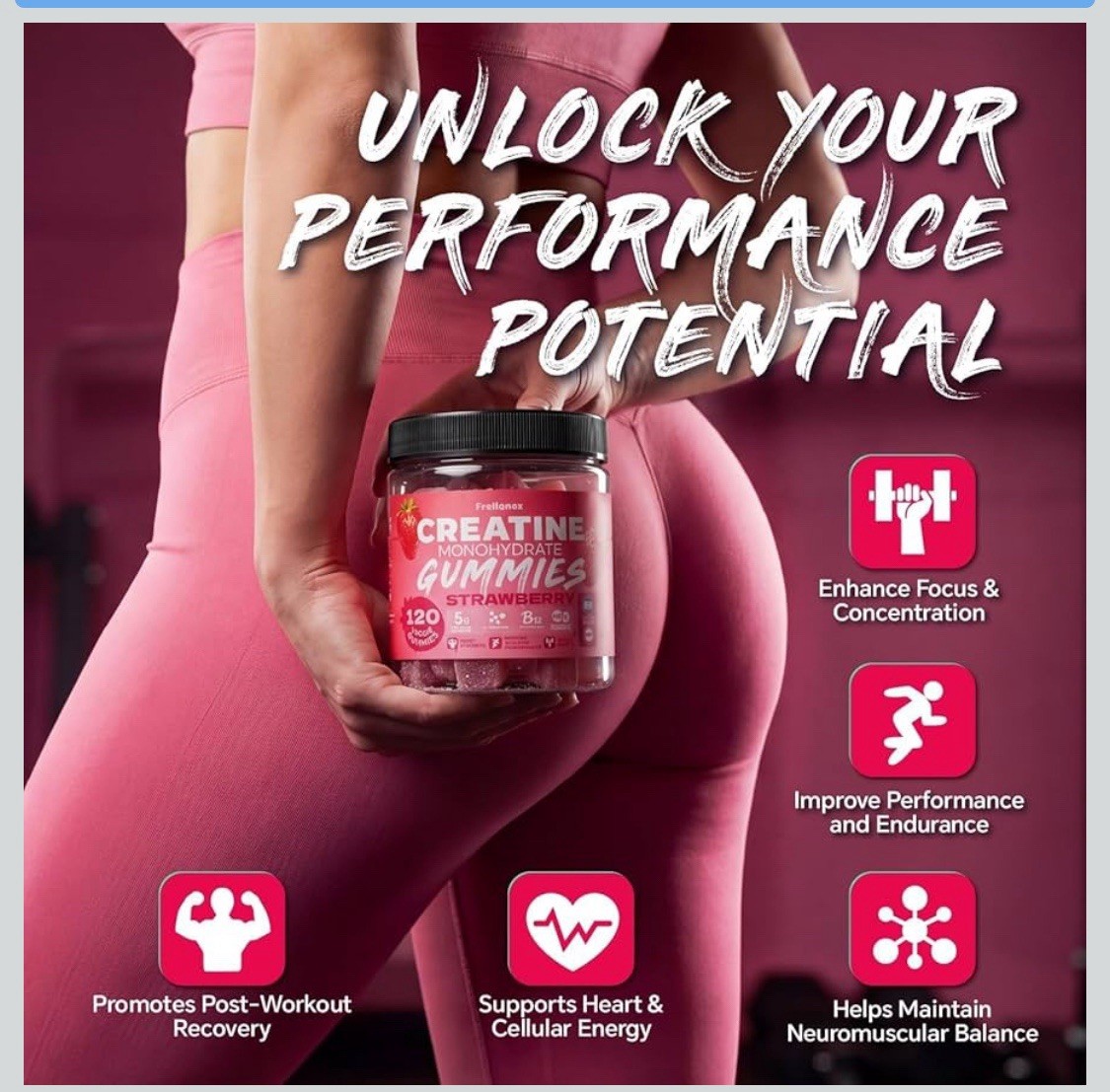 Frellanox Creatine Monohydrate Gummies Strawberry 120ct 5g +B12 Taurine