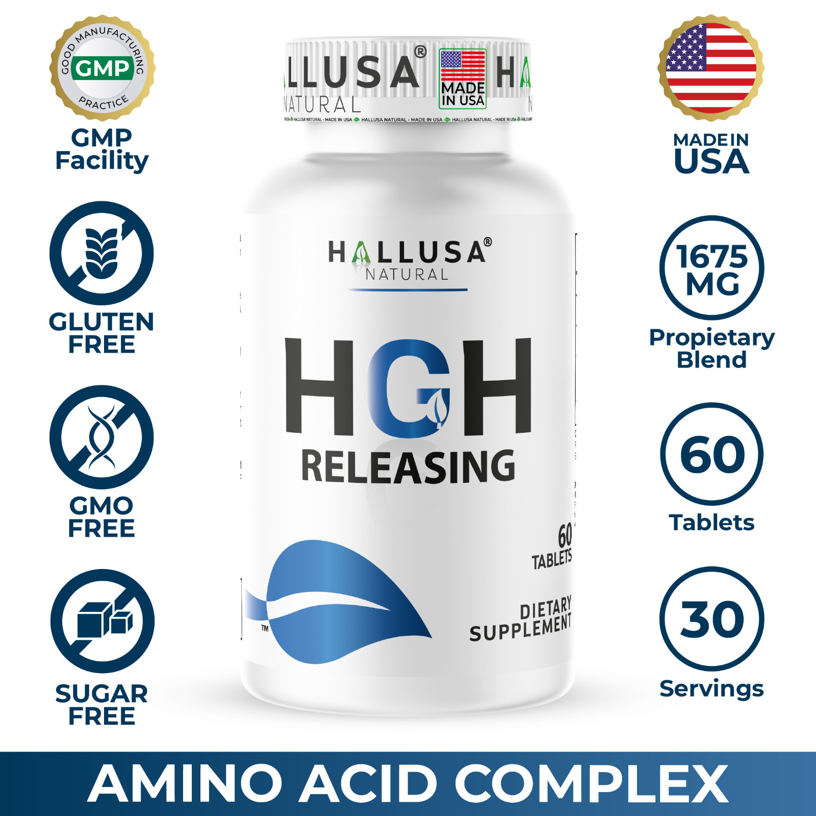 Hallusa Natural HGH-Booster L-arginine & Nitric Oxide Support, 60 Tablets