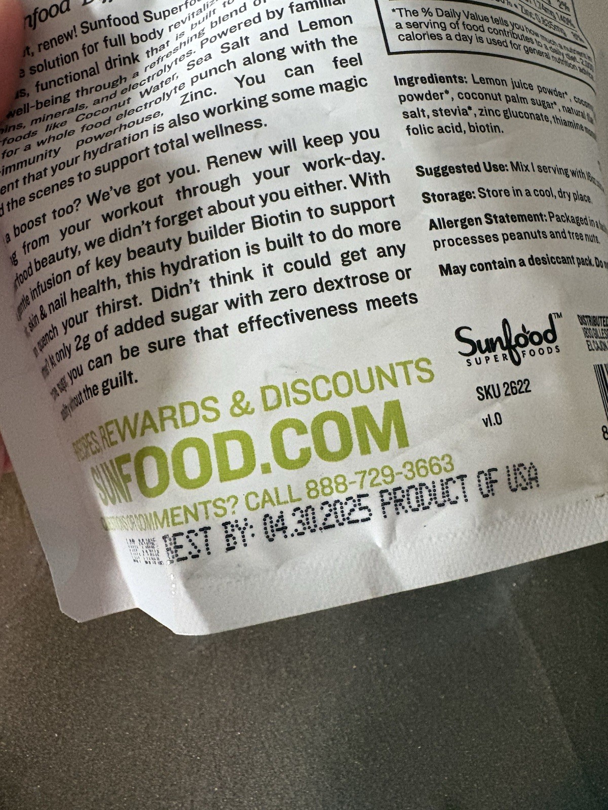 Sunfood Superfood Hydration Renew Sour Watermelon Vitamins Electrolytes 8 oz.