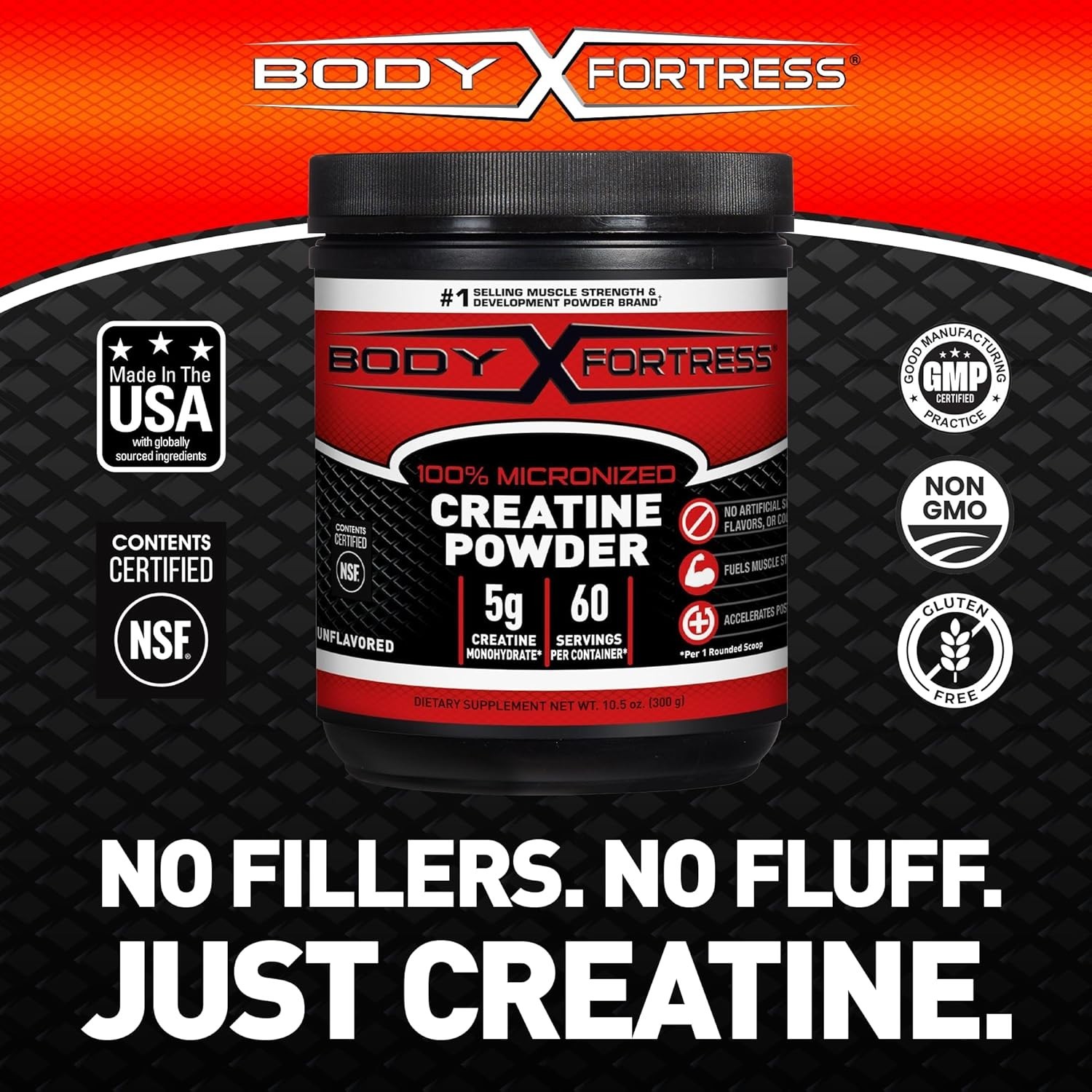 Body Fortress 100% Micronized Creatine Monohydrate Powder, 300G (60 Servings