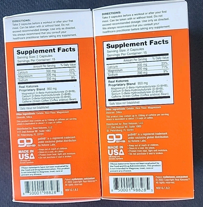 2 Boxes: Real Ketones D-BHB Capsules Charged 30 Caps ea. (Exp. 2/2027