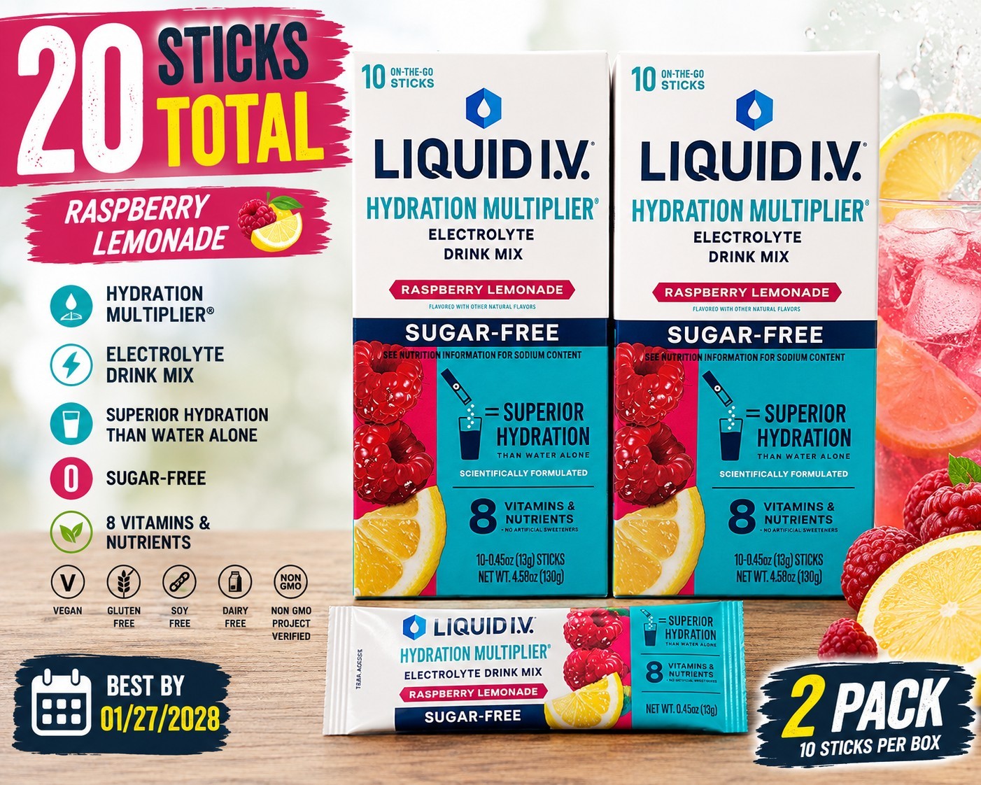 Liquid I.V. Sugar Free Raspberry Lemonade Electrolyte Drink Mix 20 Sticks