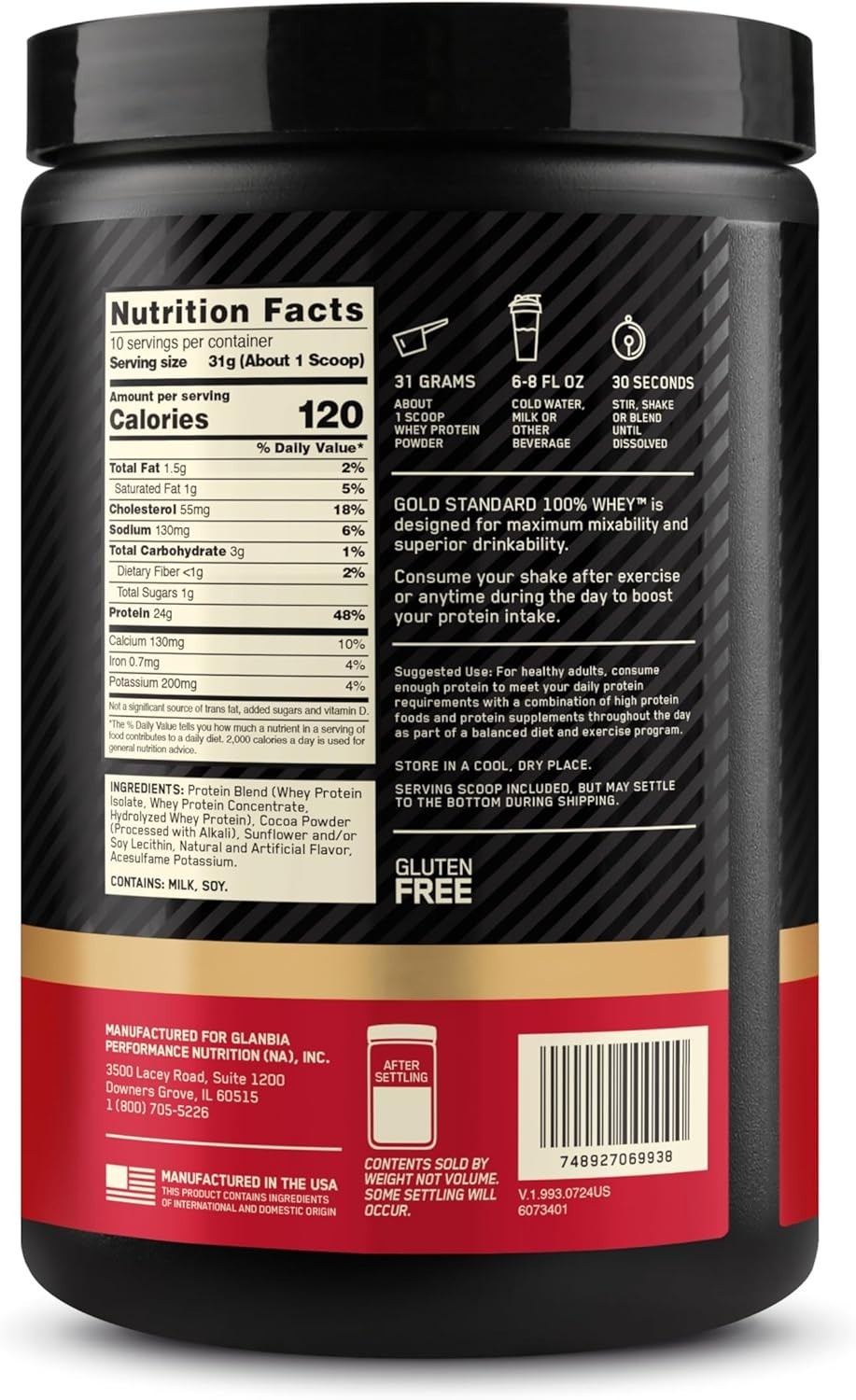 Gold Standard Whey Protein Powder – Double Rich Chocolate, Easy Mixing