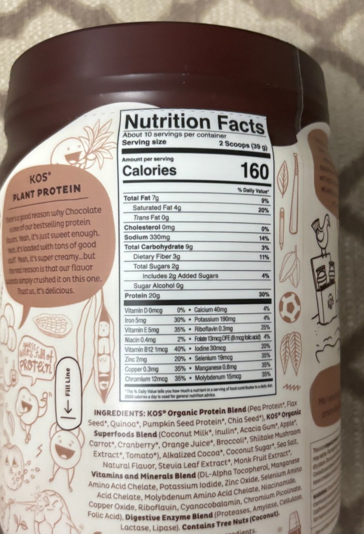 KOS Nature Powered Organic Plant Protein 20g Protein Chocolate Flavored 13.75 Oz