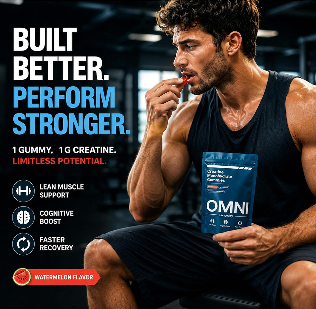 Omni Creatine Monohydrate Gummies Peach 30 Servings Watermelon Flavor 1g per Gum