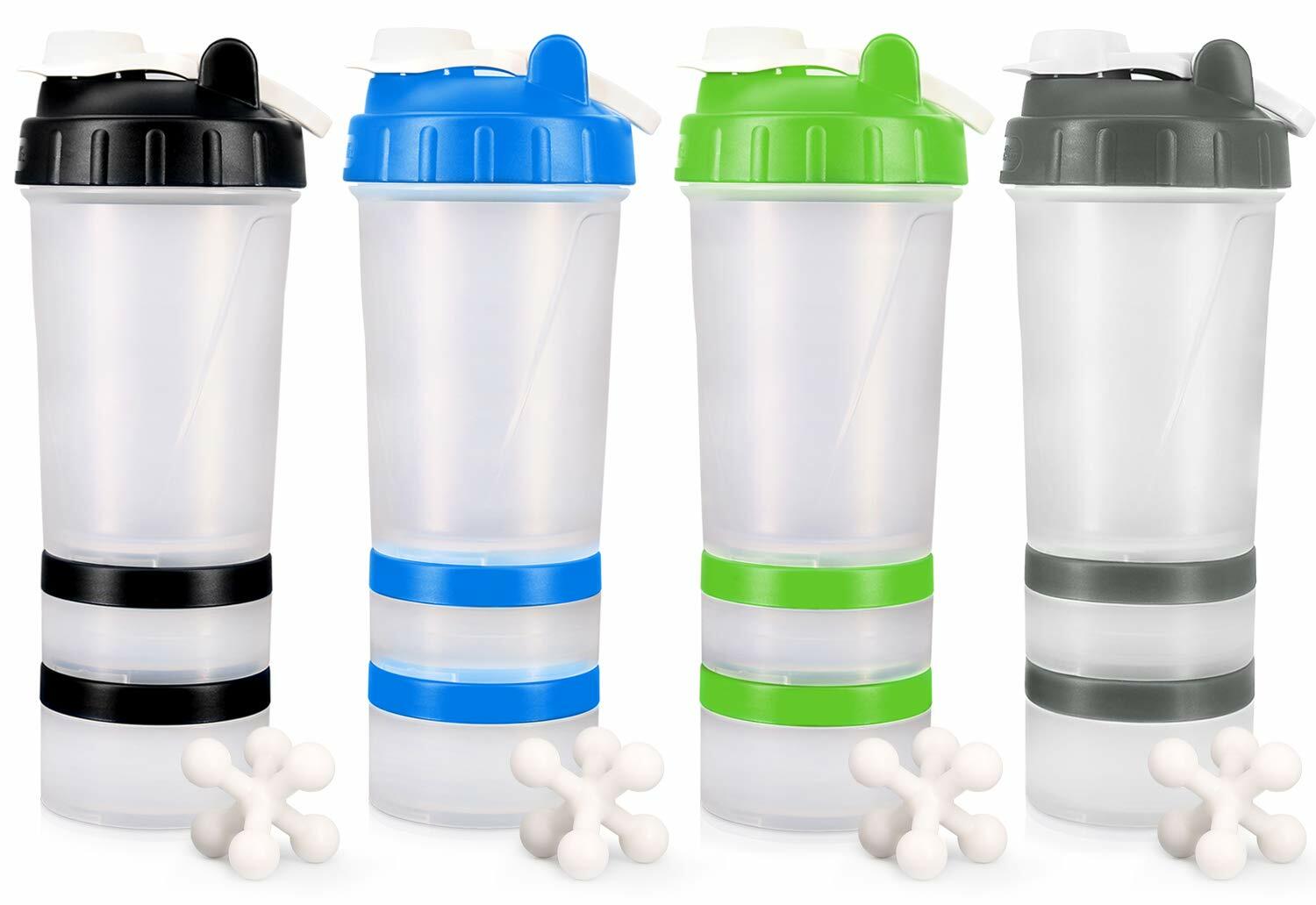 Hydro2Go 16 OZ Protein Shaker Bottle with Mixer Ball and 2 Interlocking Storage