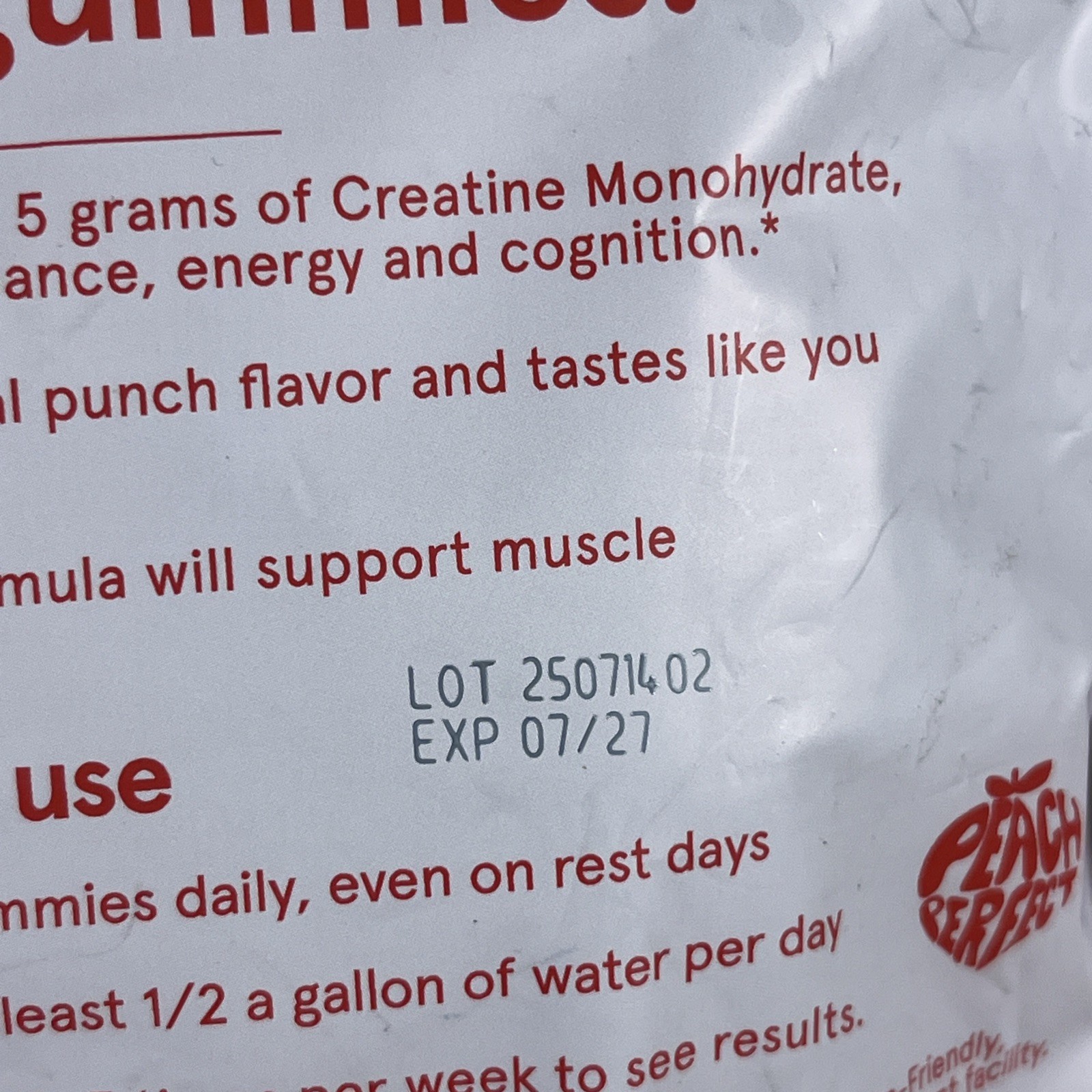 Peach Perfect Creatine Monohydrate Gummies Tropical Punch EXP 06/2027