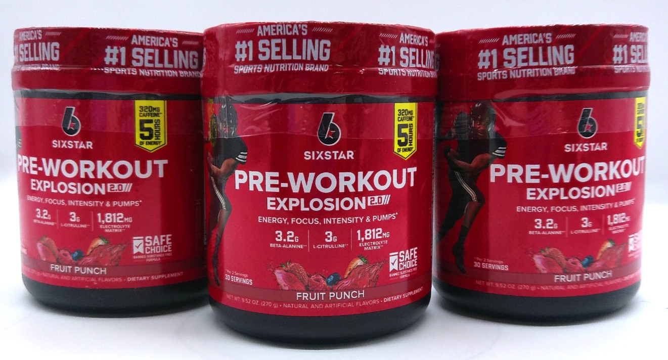 3Pk- SixStar Pre-Workout Explosion 2.0, Fruit Punch, 9.52 Oz. Each, Exp. 7/27+