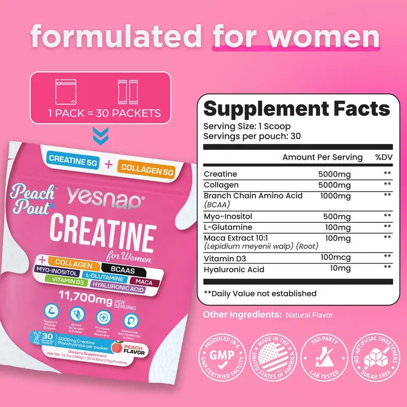 YESNAP PeachPout Creatine for Women 5g Collagen BCAA Peach 30 Packets