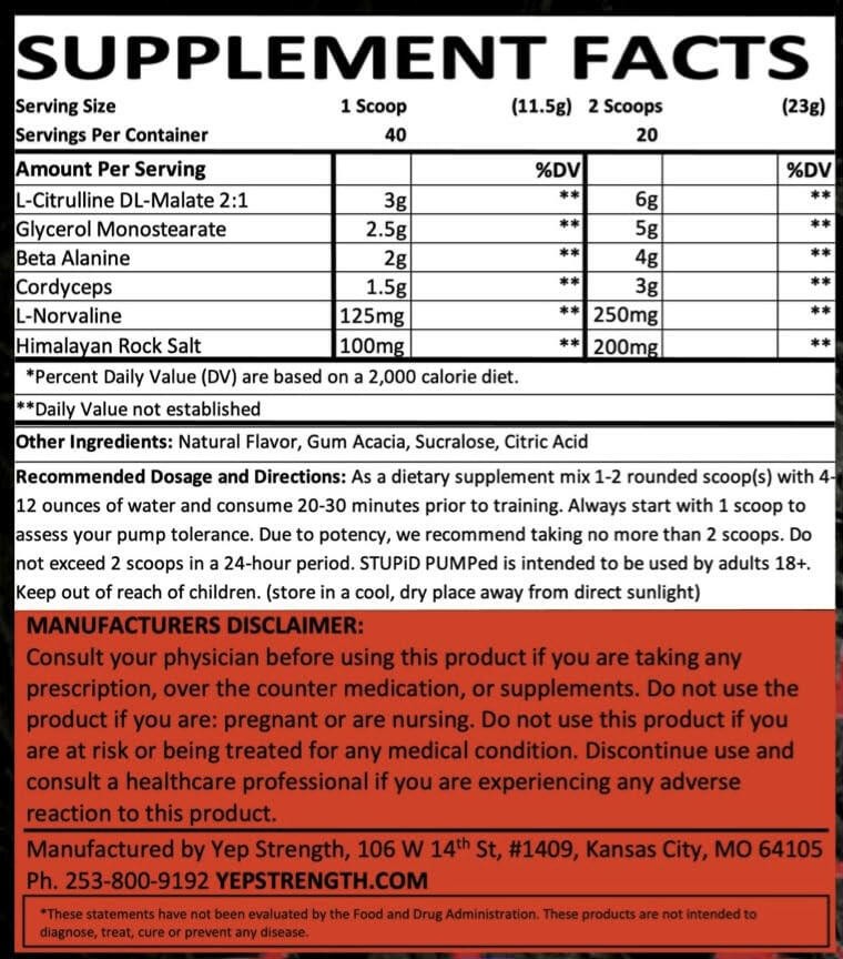 Yep Stupid Pumped – Stimulant-Free Pump with L-Citrulline DL-Malate, Glycerol…