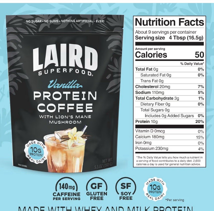 Laird Superfood Protein Coffee, Unsweetened, Premium Whey Protein