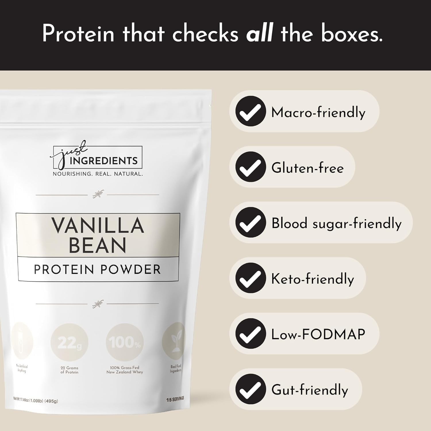 JUST Ingredients Vanilla Bean Protein Powder Casein Free 22g 15 Servings 17.46oz