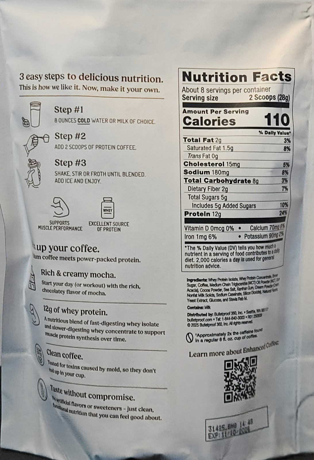 Bulletproof High Protein Iced Coffee Mocha Whey Protein Instant Coffee 8 Serving