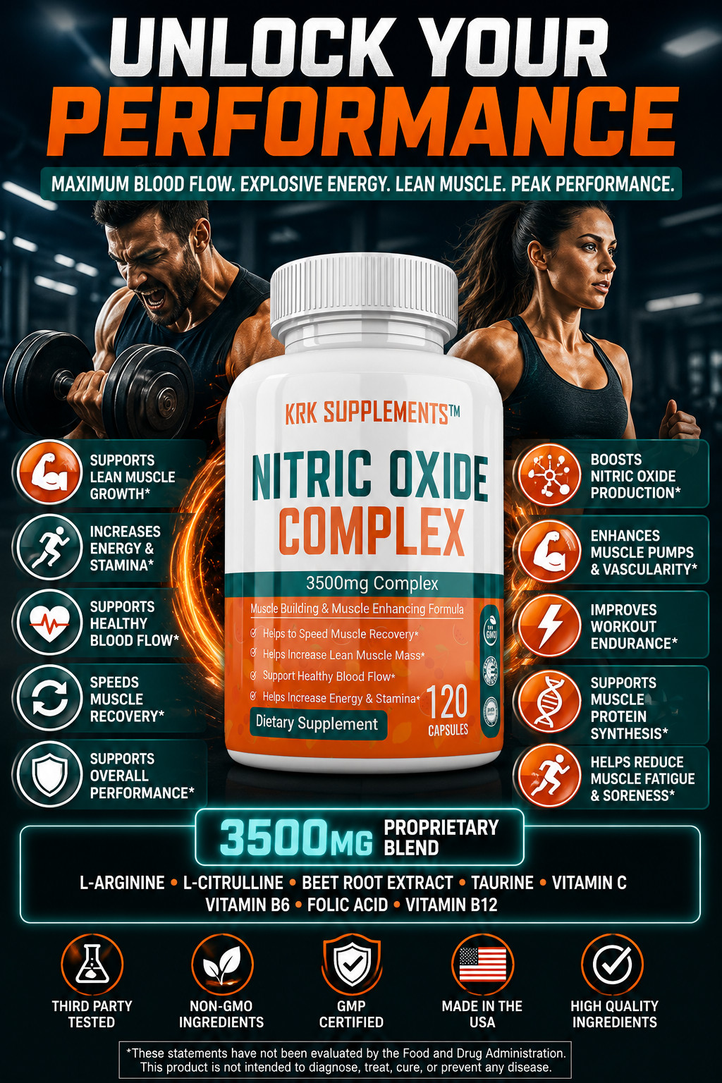 2 pk Nitric Oxide Complex 3500mg L-Arginine AAKG Muscle Pump Growth Pills