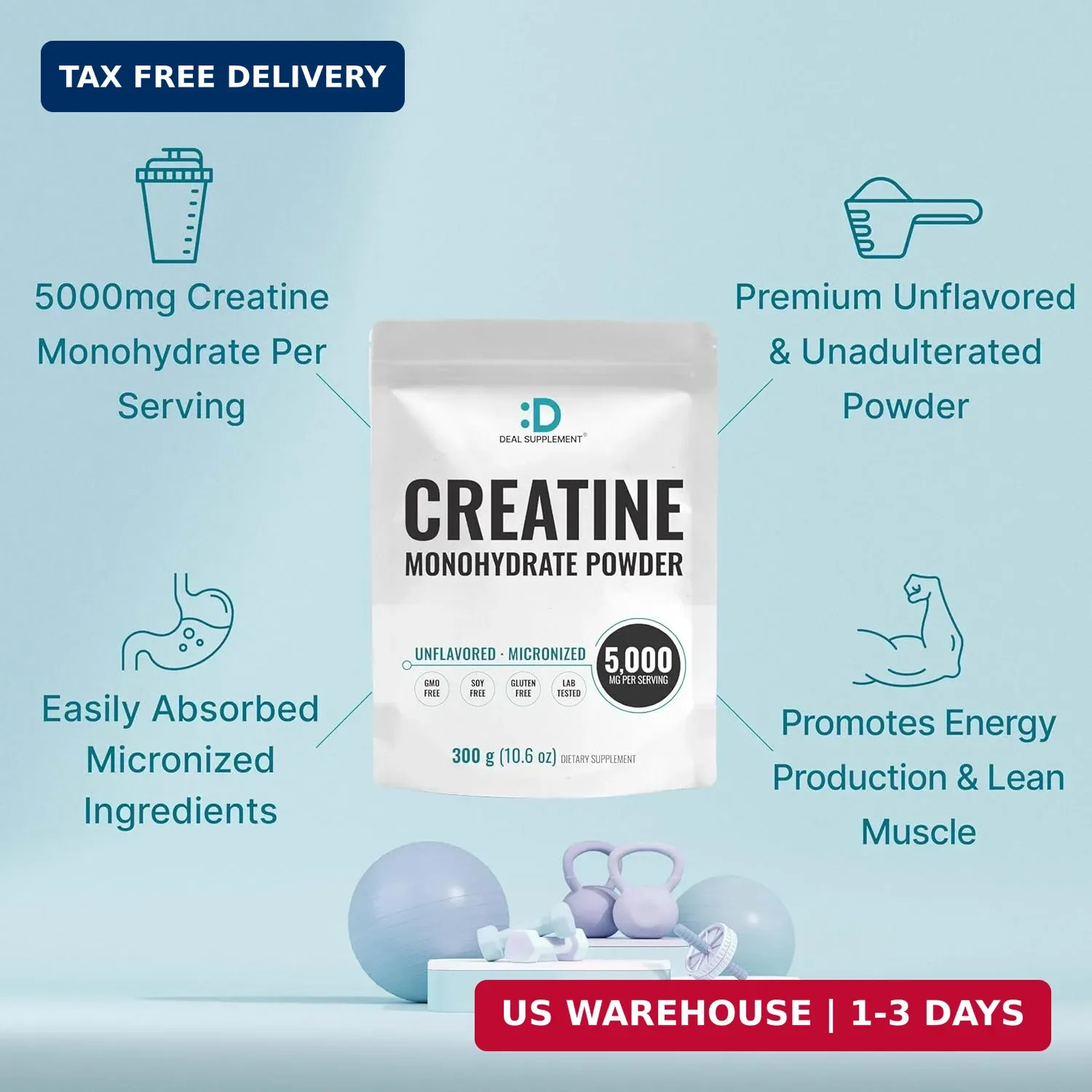 DEAL SUPPLEMENT Instant Creatine Monohydrate Powder, 5g Per Serving – 60 Serving