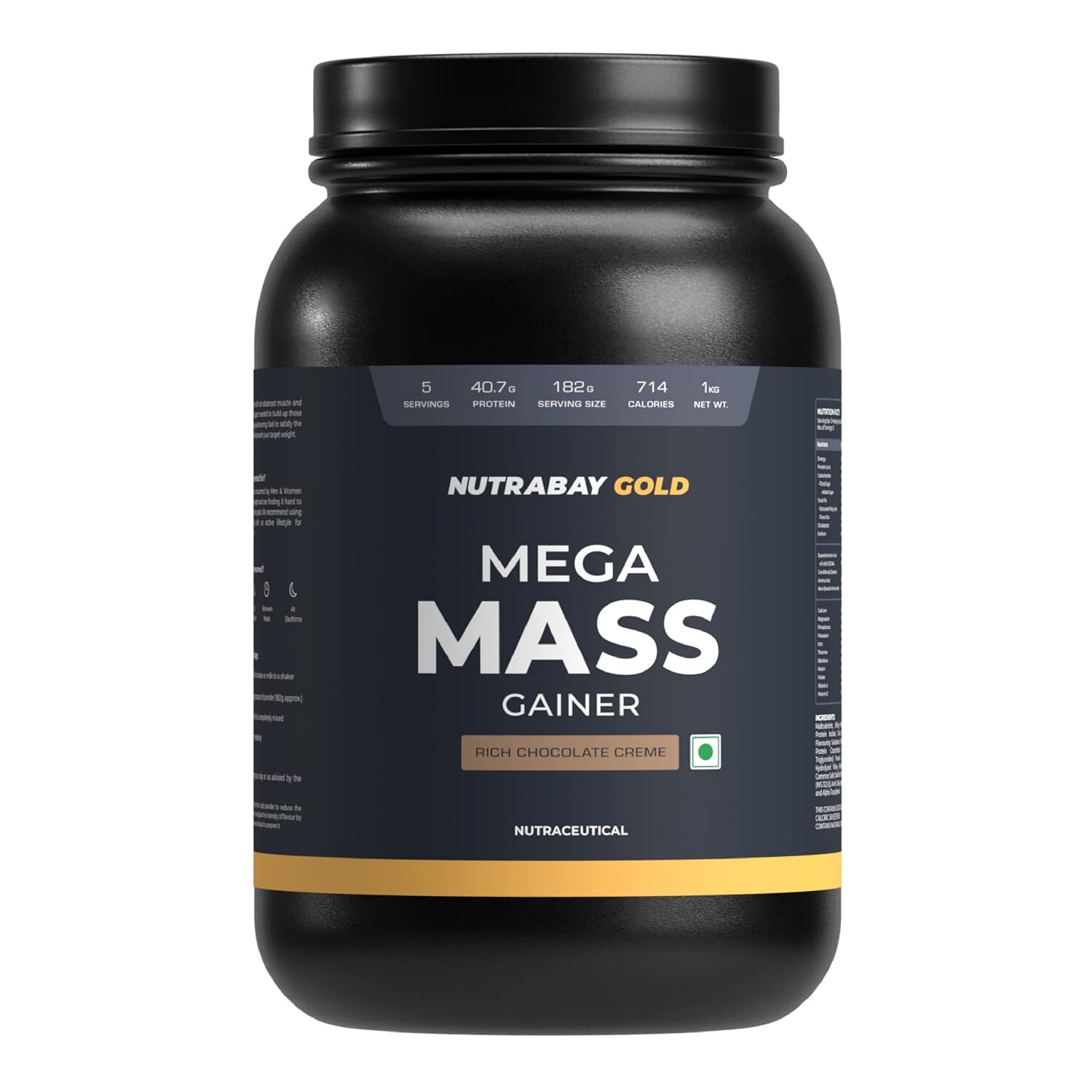 Nutrabay Gold Mega Mass Weight Gainer – 1Kg, Flavor – Rich Chocolate Creme