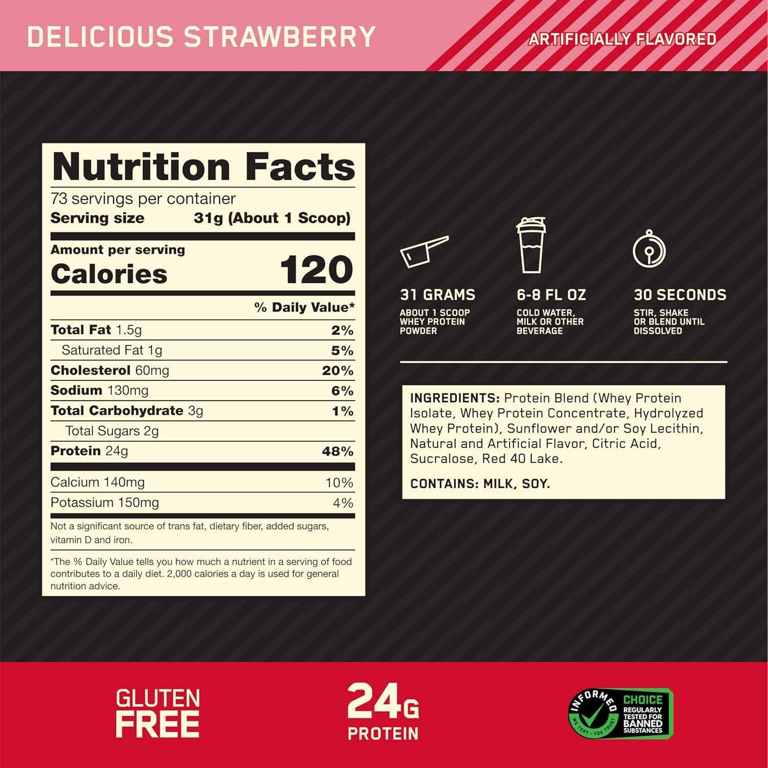 High-Quality Strawberry Whey Protein Powder – 24g Protein per Scoop, 5 lbs