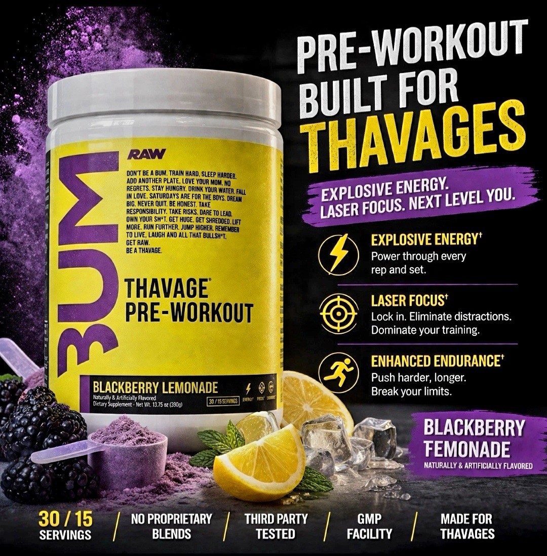 BUM Thavage Preworkout, RAW, 2 Tubs, Blackberry Lemonade, 30 Servings, 06/2027✨️