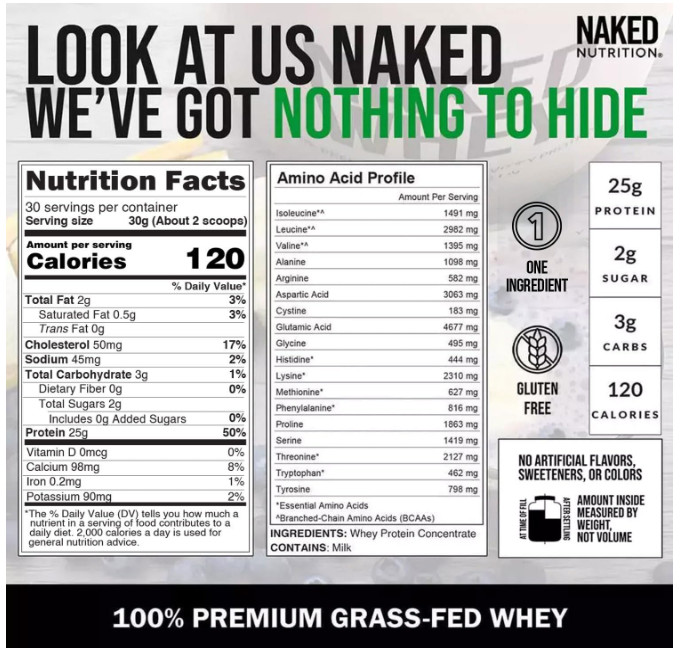NAKED Whey Protein Powder Grass Fed Unflavored 2 lb 1 Ingredient Gluten Free
