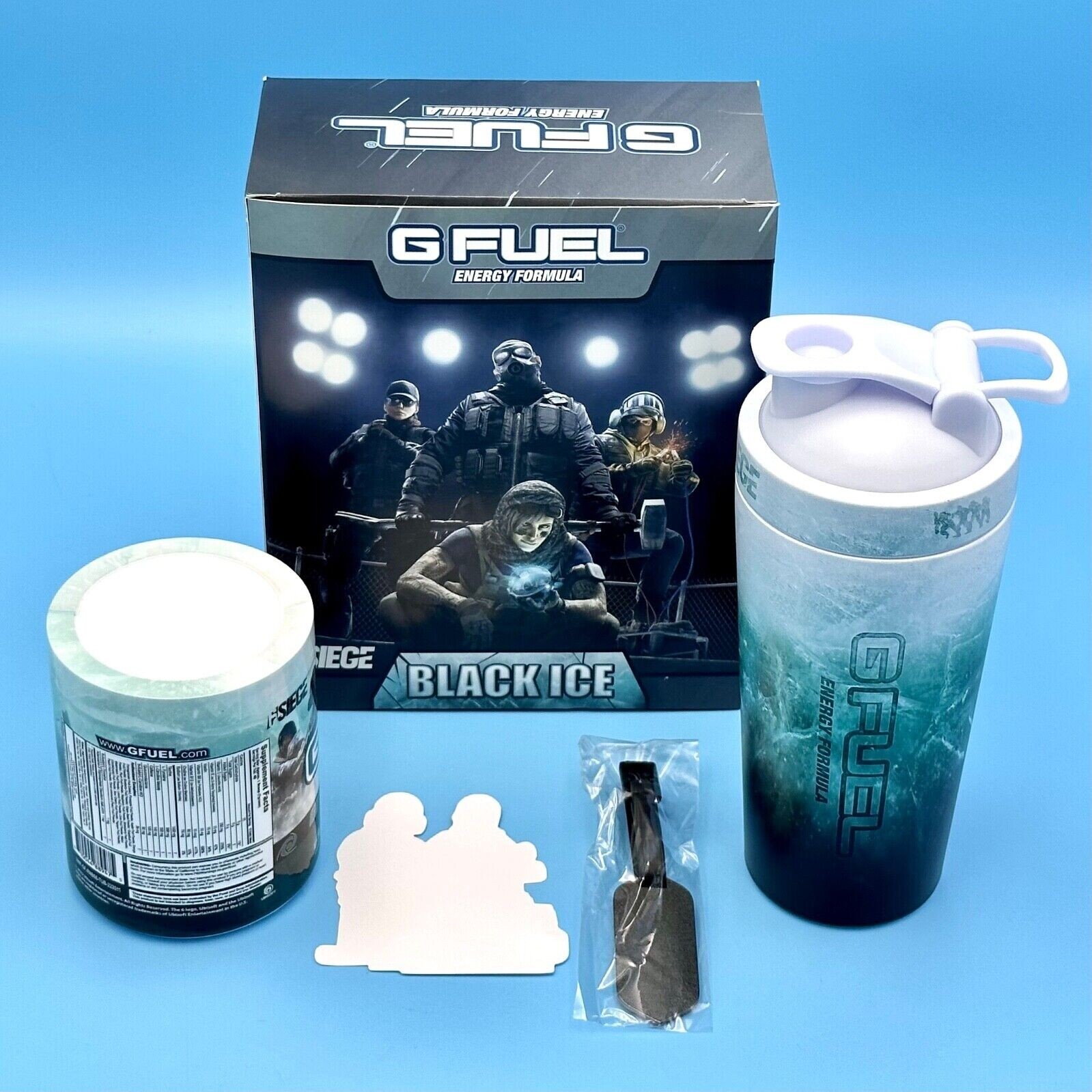 G Fuel Six Siege Black Ice Collector’s Box Tall Boy Metal Shaker Cup + Charm Tag