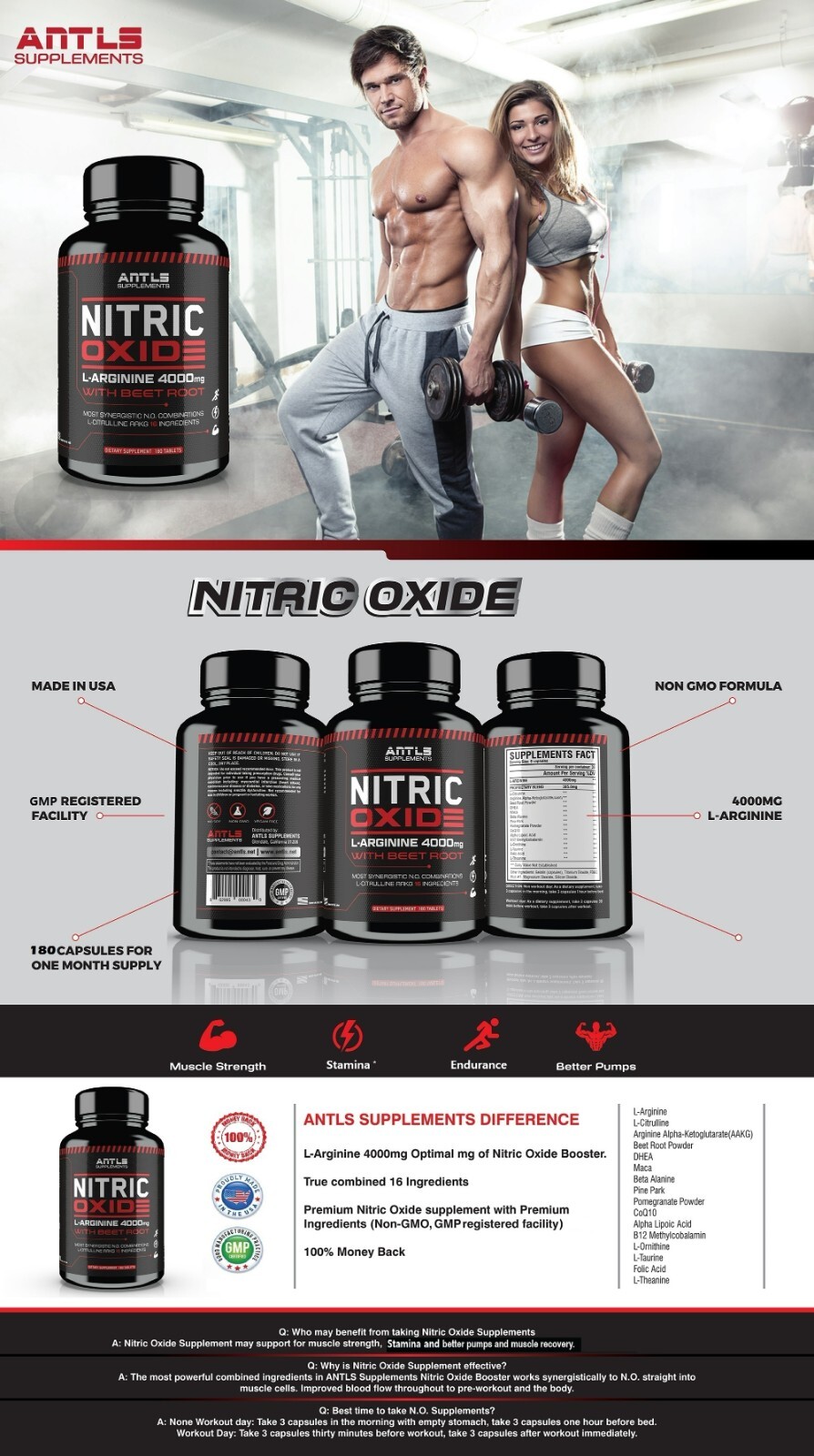 Nitric Oxide L-Arginine Pre Workout+Testosterone Booster,Multivitamin Men,Test
