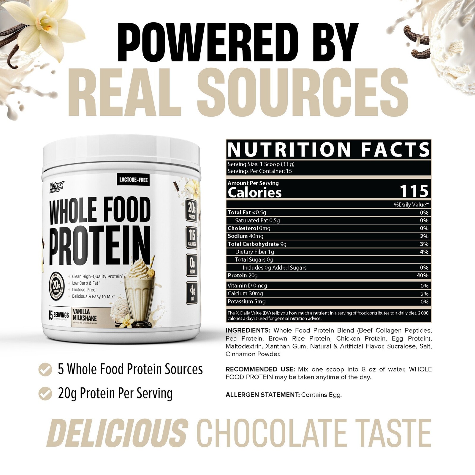 Nutrex WHOLE FOOD PROTEIN Blend – 20 Gm Protein 0 Sugar Lactose Free 15 Servings