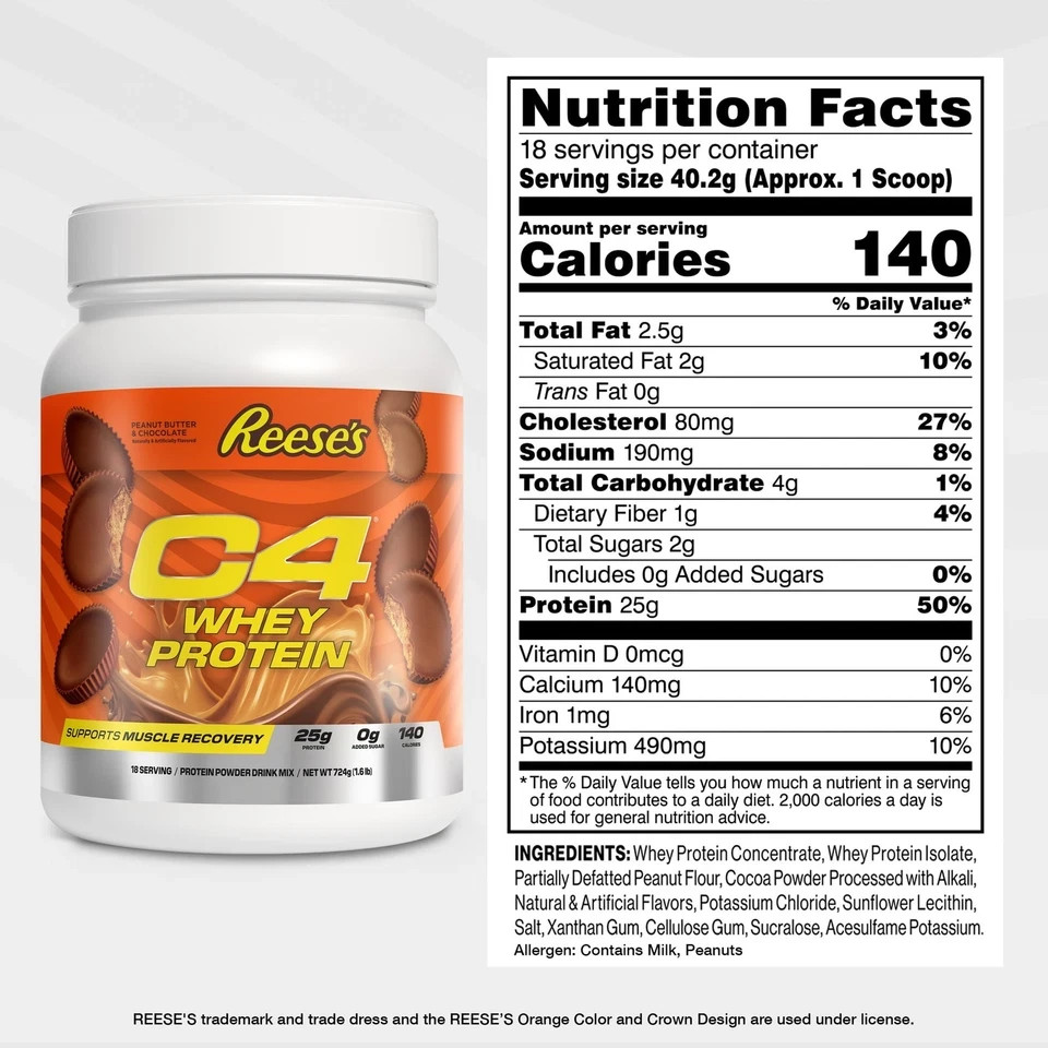 C4 Whey Protein Powder, Reese’s Peanut Butter Cup Flavor, 25g of Protein