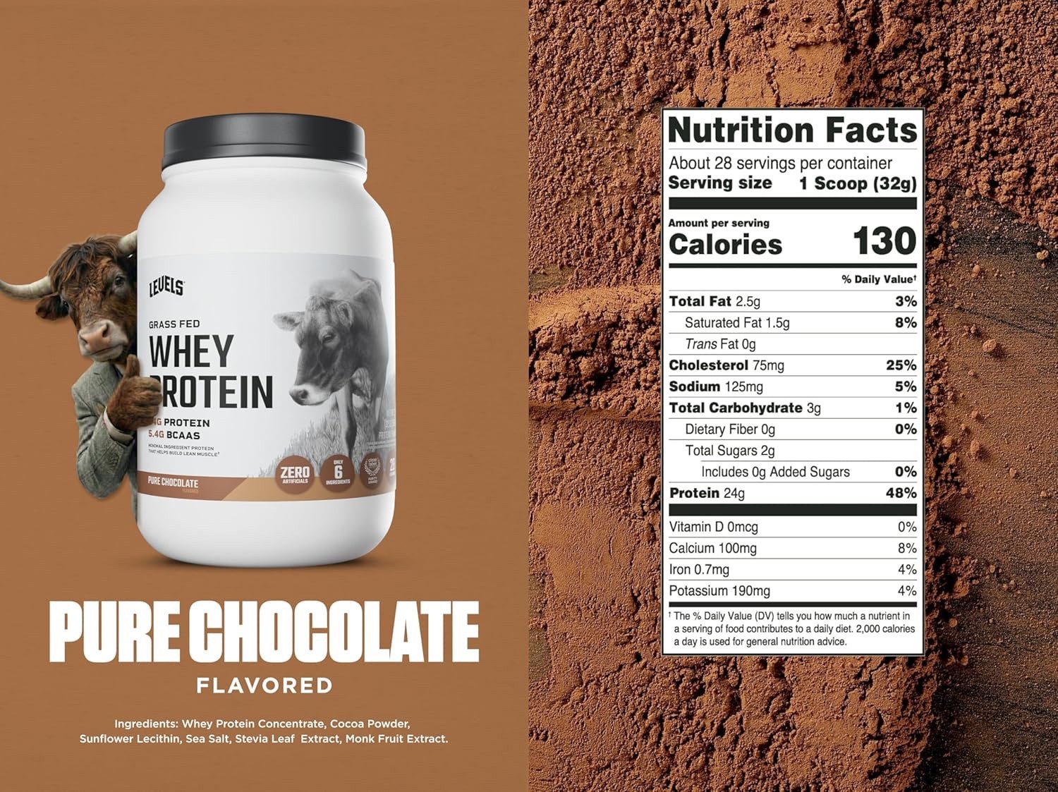 Levels Grass Fed Whey Protein Powder, 24G of Protein, Pure Chocolate, 2LB
