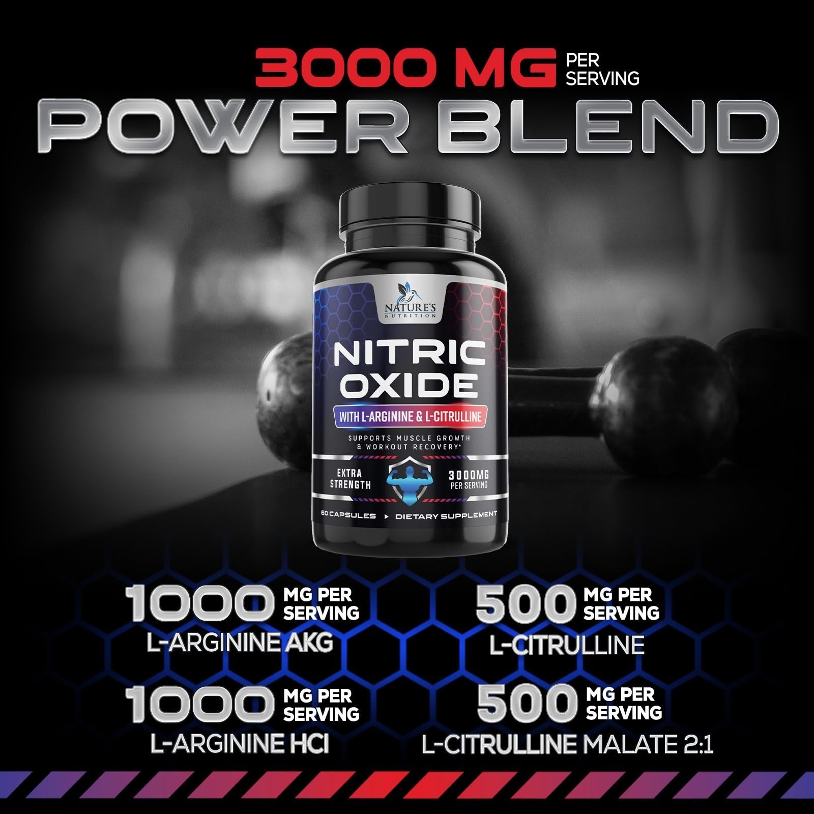 Nitric Oxide Booster Extra Strength – L-Arginine & Citrulline – 60 Capsules