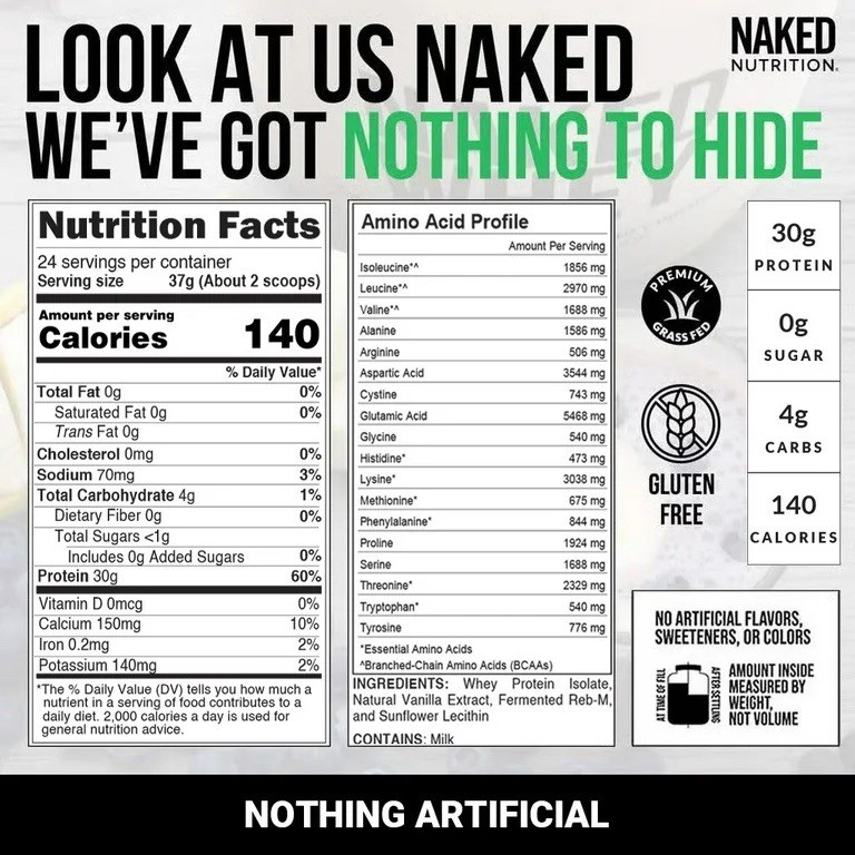Naked Vanilla Whey Isolate, Grass-Fed Protein, 24 Servings