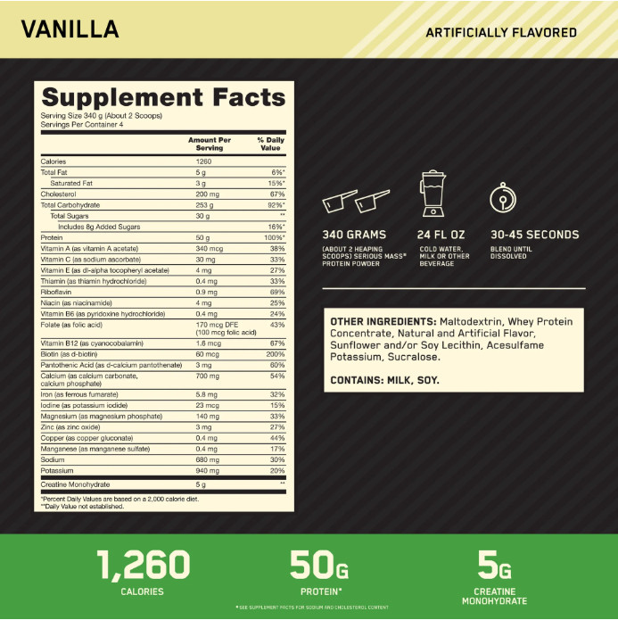 Optimum Nutrition Serious Mass Weight Gainer, Vanilla, 3 lb